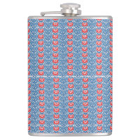 a blue background with red and white designs