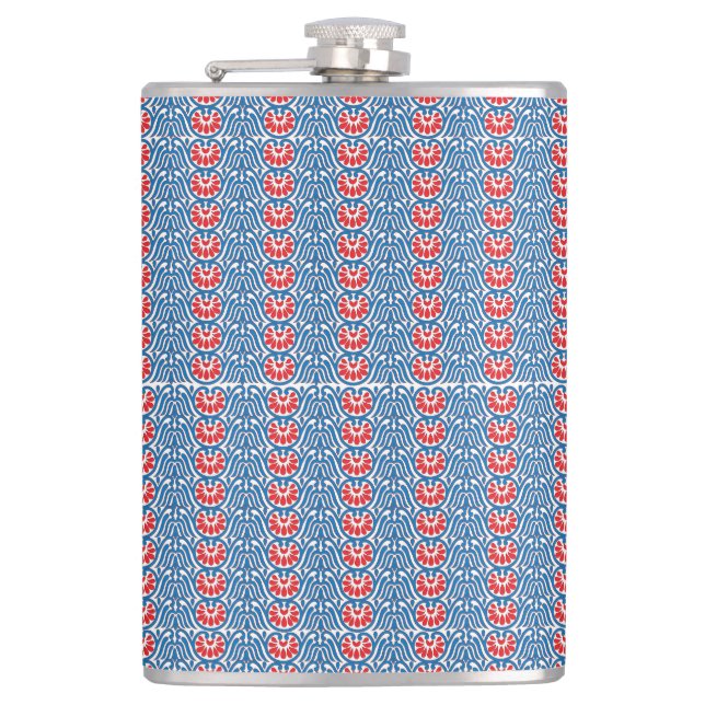 a blue background with red and white designs hip flask (Front)