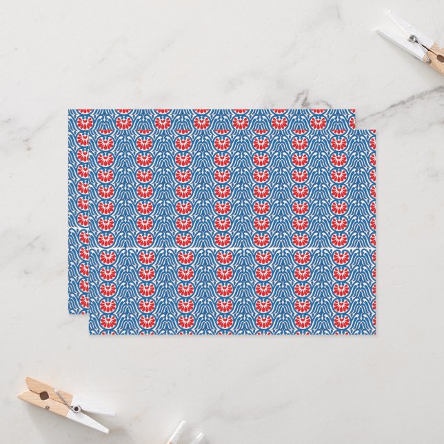 a blue background with red and white designs invitation (Front/Back In Situ)