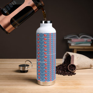 a blue background with red and white designs water bottle