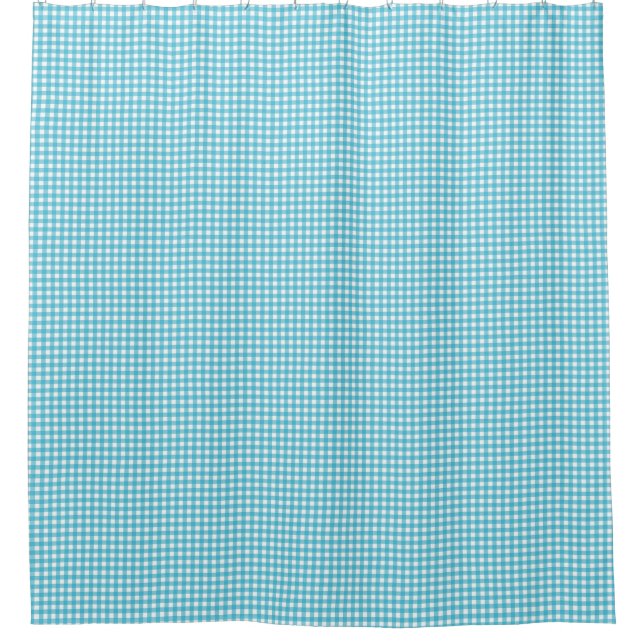 A blue chequered shower curtain is shown (Front)