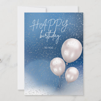 A blue elegant birthday card with white balloons