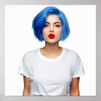 A blue hair model wearing Gildan Tee Poster