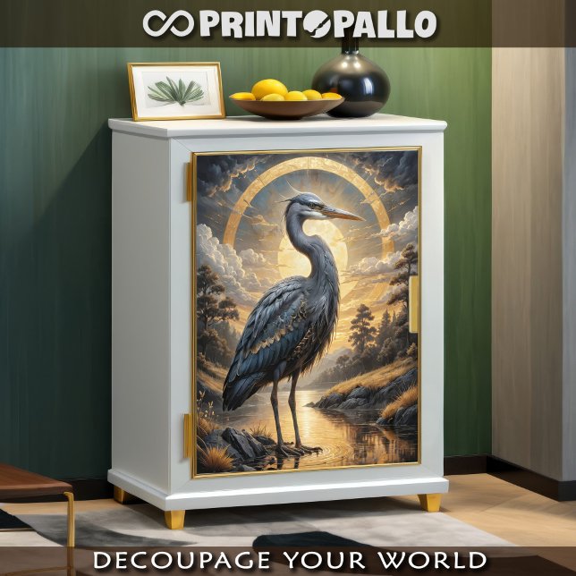 A blue heron in a gold fantasy lake tissue paper (Creator Uploaded)