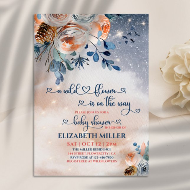 A Blue Wildflower On Her Way Baby Shower Invitation (Creator Uploaded)