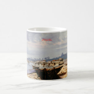 A boat on the beach. coffee mug