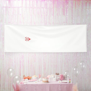 A bold red flower illustration on a white backdrop banner