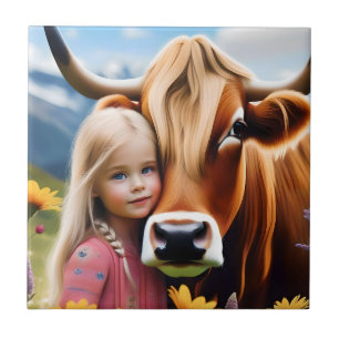 **"A Bond of the Highlands: A Child and Her Cow"** Ceramic Tile