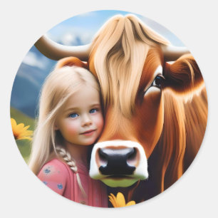 **"A Bond of the Highlands: A Child and Her Cow"** Classic Round Sticker