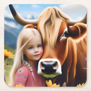 **"A Bond of the Highlands: A Child and Her Cow"** Square Paper Coaster