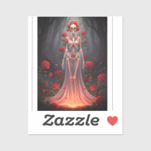 A bony girl wears a wedding dress in a forest. 