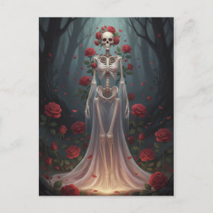 A bony girl wears a wedding dress in a forest. postcard