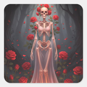 A bony girl wears a wedding dress in a forest. square sticker
