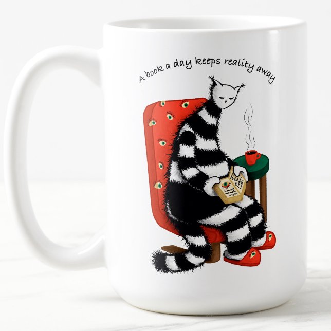 A Book A Day Keeps Reality Away - Reading Cat Art Coffee Mug (white ceramic mug with a weird cat book lover holding a book and reading with coffee and text)