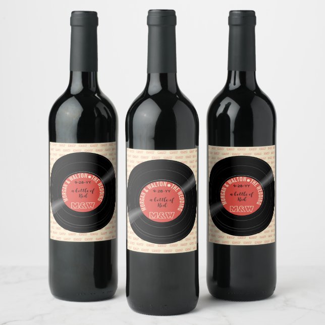 A Bottle of Red Vinyl Record Monogram Custom Wine Label (Bottles)