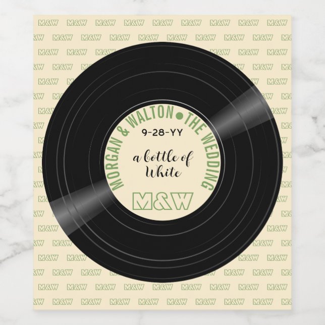 A Bottle of White Vinyl Record Monogram Custom Wine Label (Single Label)