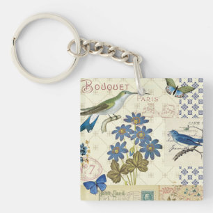 A Bouquet of Blue Flowers, Birds and Butterflies Key Ring