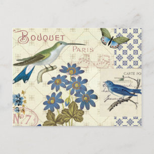 A Bouquet of Blue Flowers, Birds and Butterflies Postcard