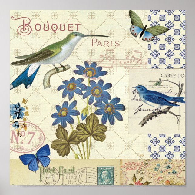 A Bouquet of Blue Flowers, Birds and Butterflies Poster (Front)