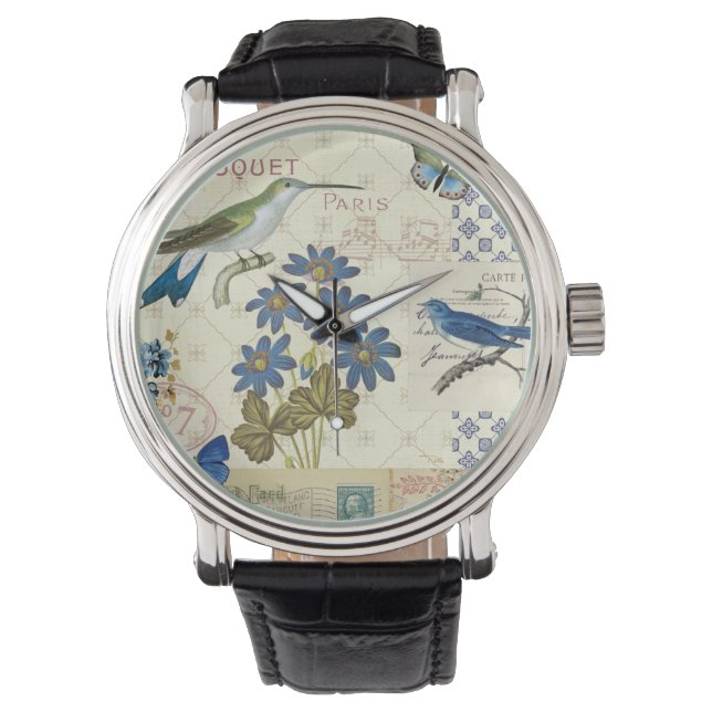 A Bouquet of Blue Flowers, Birds and Butterflies Watch (Front)