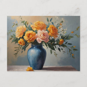 A bouquet of flowers in a blue vase postcard