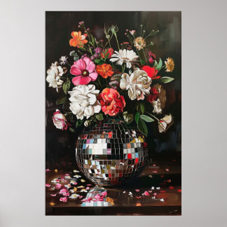 A Bouquet of Flowers in a Disco Ball Vase Vintage Poster