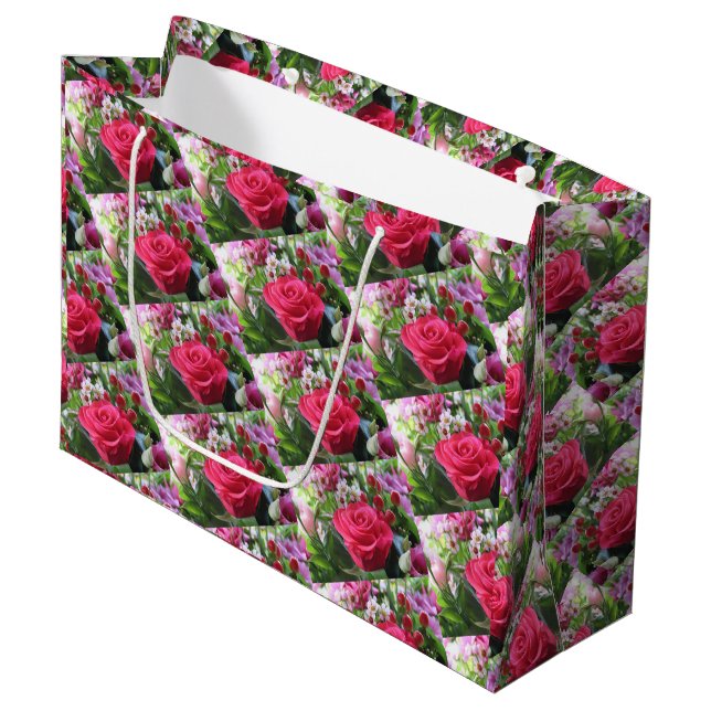 A Bouquet of Flowers Including Red Roses    Large Gift Bag (Front Angled)