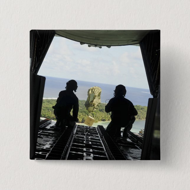 A box of humanitarian goods 15 cm square badge (Front)