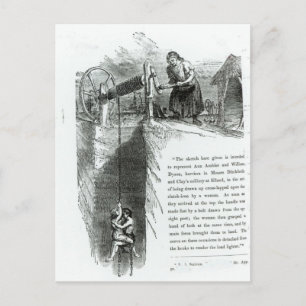 A boy and girl being wound up a mine shaft postcard