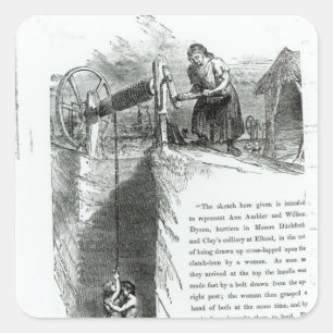 A boy and girl being wound up a mine shaft square sticker