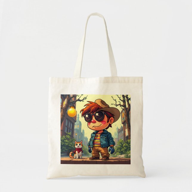 A boy and his cat on a city street tote bag (Front)