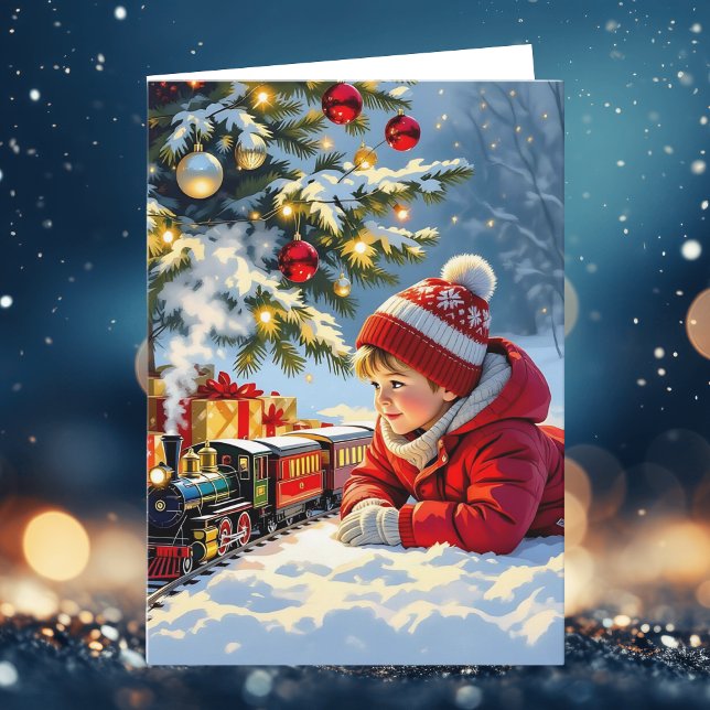 A Boy and his Christmas Train Old-Fashioned Holiday Card (Creator Uploaded)