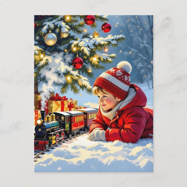 A Boy and his Christmas Train Old-Fashioned Postcard (Front)