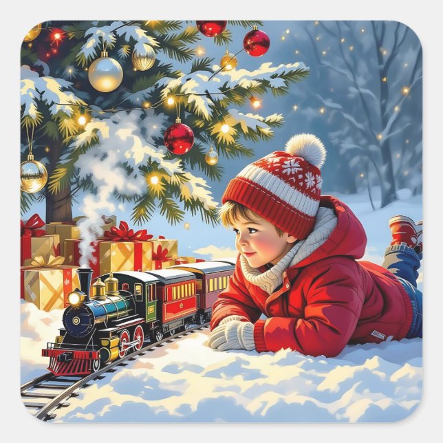 A Boy and his Christmas Train Old-Fashioned Square Sticker (Front)