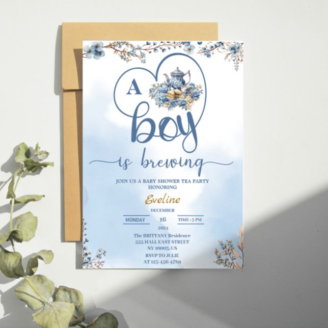  a boy is brewing tea party baby shower invitation (Creator Uploaded)