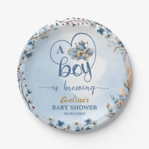 A Boy Is Brewing Tea Party Boy Baby Shower Blue Paper Plate