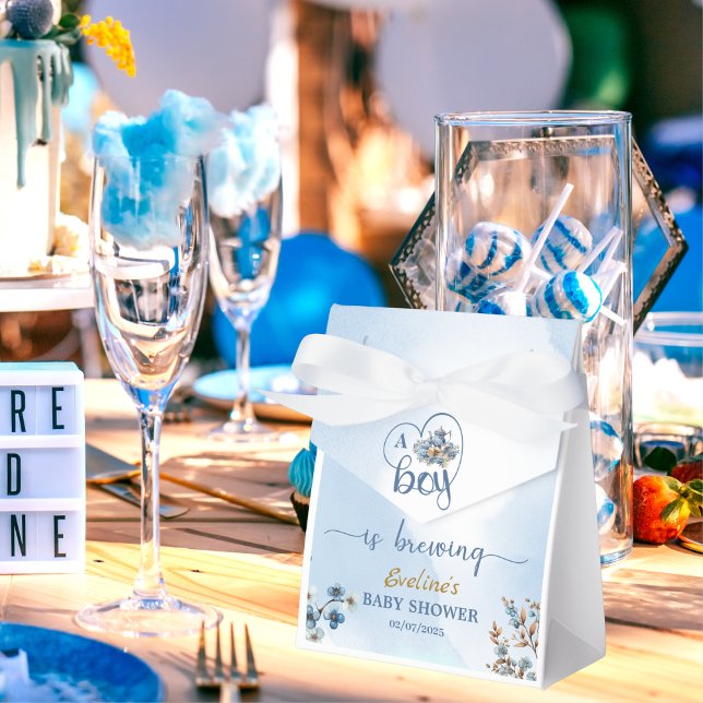  a Boy Is Brewing Tea Party Boy Baby Shower Favour Box (blue teapot filled with pastel florals, charming blueberries, golden branches, eucalyptus sprigs, )