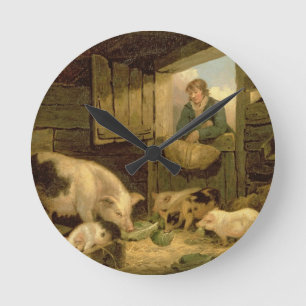 A Boy Looking into a Pig Sty, 1794 (oil on canvas) Round Clock