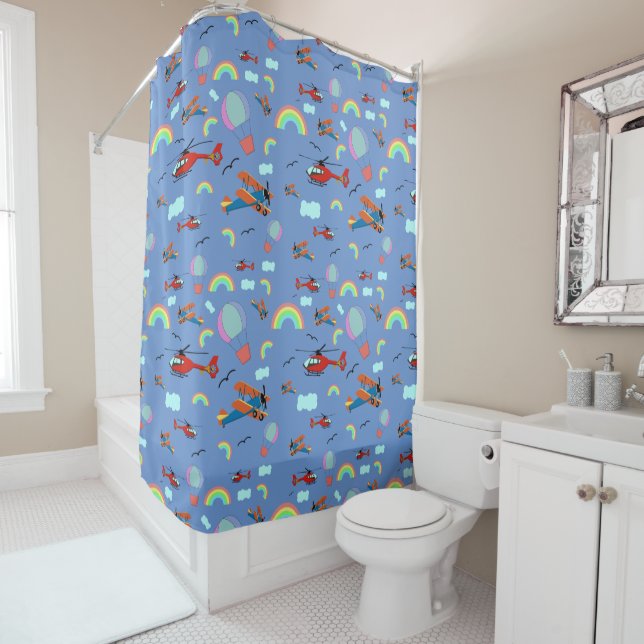 A Boys Flying Pattern on Blue Shower Curtain (In Situ)