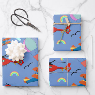 A Boys Flying Pattern on Blue Wrapping Paper Sheet