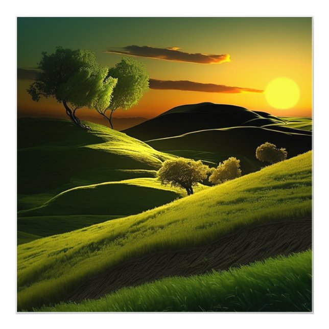 A breathtaking sunset on the rolling green hills. photo print (Front)