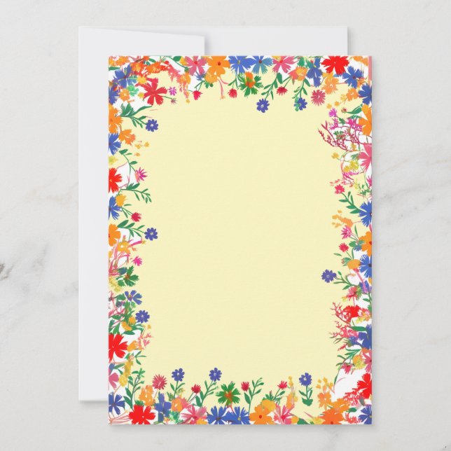 A bright, colourful floral border  invitation (Front)