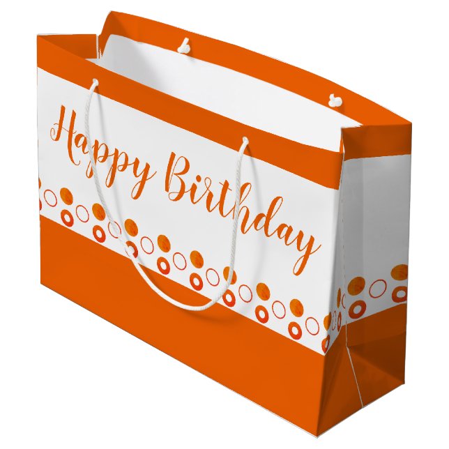 A Bright Orange Polka Dot Designer Birthday Large Gift Bag (Back Angled)