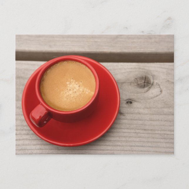 A bright red cup of espresso coffee on a picnic postcard (Front)