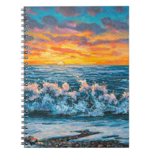 A bright sunset during a storm. An oil painting on Notebook