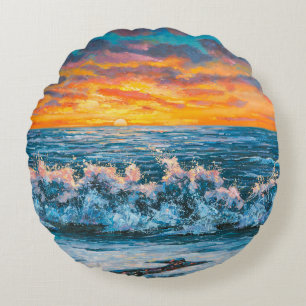 A bright sunset during a storm. An oil painting on Round Cushion