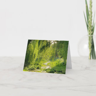 A brilliant green creekside willow tree and grass thank you card
