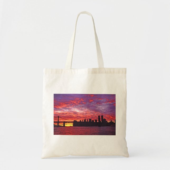 A Brilliant Sunset, Silhouette Of Lower Manhattan. Tote Bag (Front)