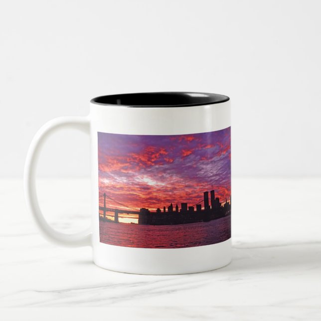 A Brilliant Sunset, Silhouette Of Lower Manhattan. Two-Tone Coffee Mug (Left)