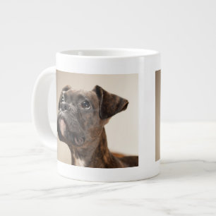 A Brindle Boxer puppy looking up curiously. Large Coffee Mug